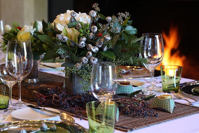 Christmas Table Decorations: Eucalyptus Pods Jingle Bells Flower Arrangement