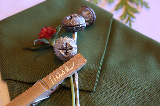 Christmas Table Place Setting Idea: Eucalyptus Pods Jingle Bells With Clothes Pin