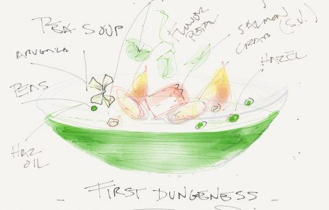 a digital hand drawing of spring pea soup creation by Jordan Winery Executive Chef Todd Knoll