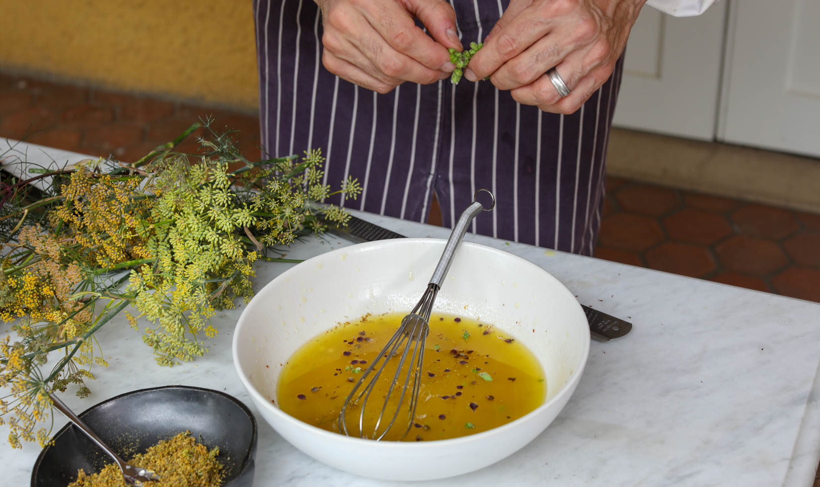 Making a fennel pollen vinaigrette