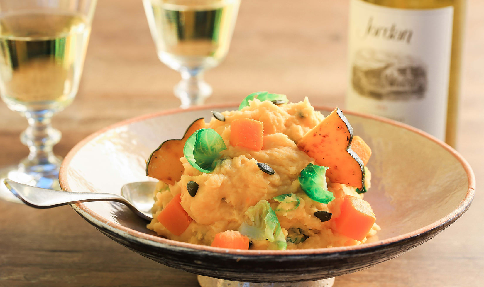 Butternut Squash Mashed Potatoes with Acorn Squash and Pumpkin Seeds