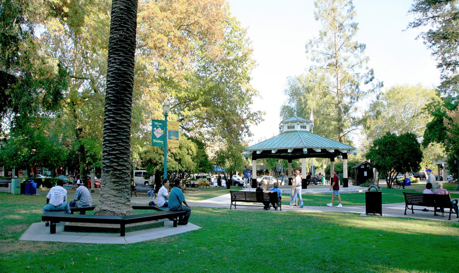 individuals enjoying the Plaza on the Healdsburg Square