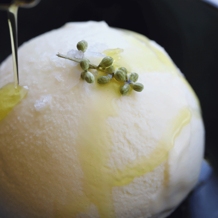 close up of Jordan winery olive oil drizzled over olive oil ice cream