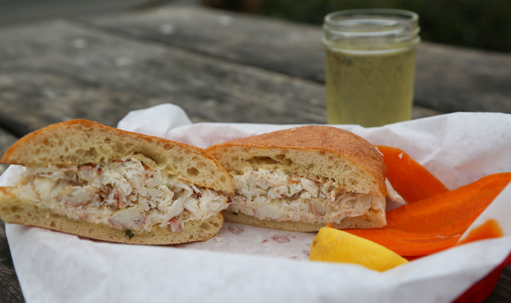 Dungeness crab sandwich and wine at Fisherman's Cove Restaurant Bodega Bay