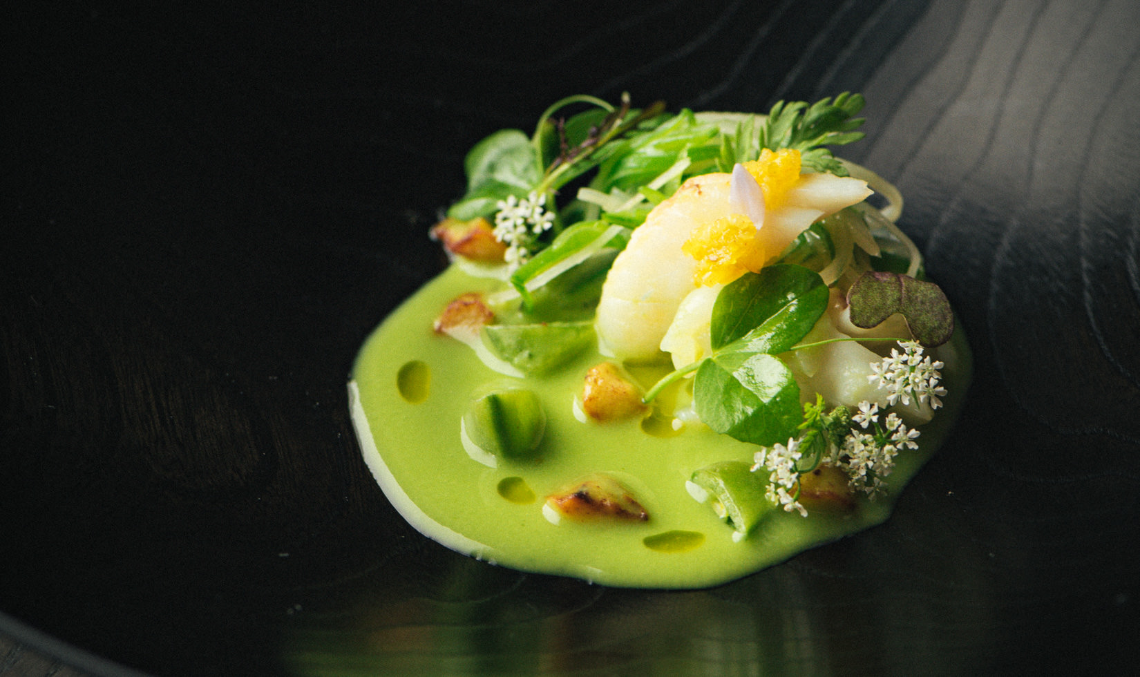 Sweet Peas with Dungeness Crab, Salsify and Preserved Lemon from Single Thread Restaurant Healdsburg