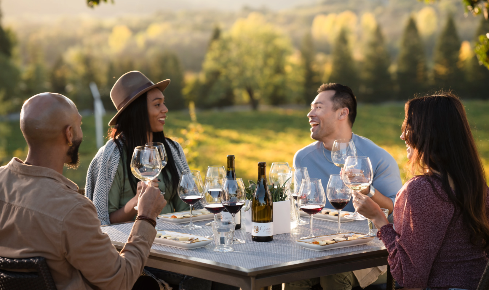 group sitting at table with wine and cheese pairings outside by vineyard