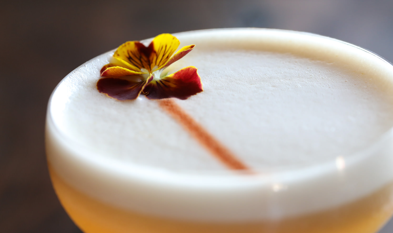 Peach cocktail in a coupe glass with edible flower garnish at Geyserville Gun Club