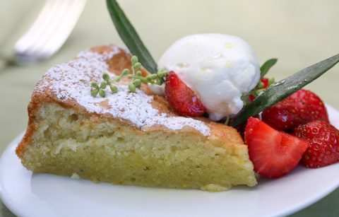 close up of Jordan Winery Olive Oil Cake with Strawberries and Cream