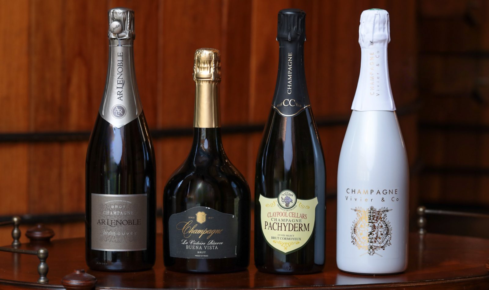 Jordan Cuvee by Champagne AR Lenoble, Buena Vista Champagne La Victorie, Pachyderm champagne, Vivier and Co champagne on table