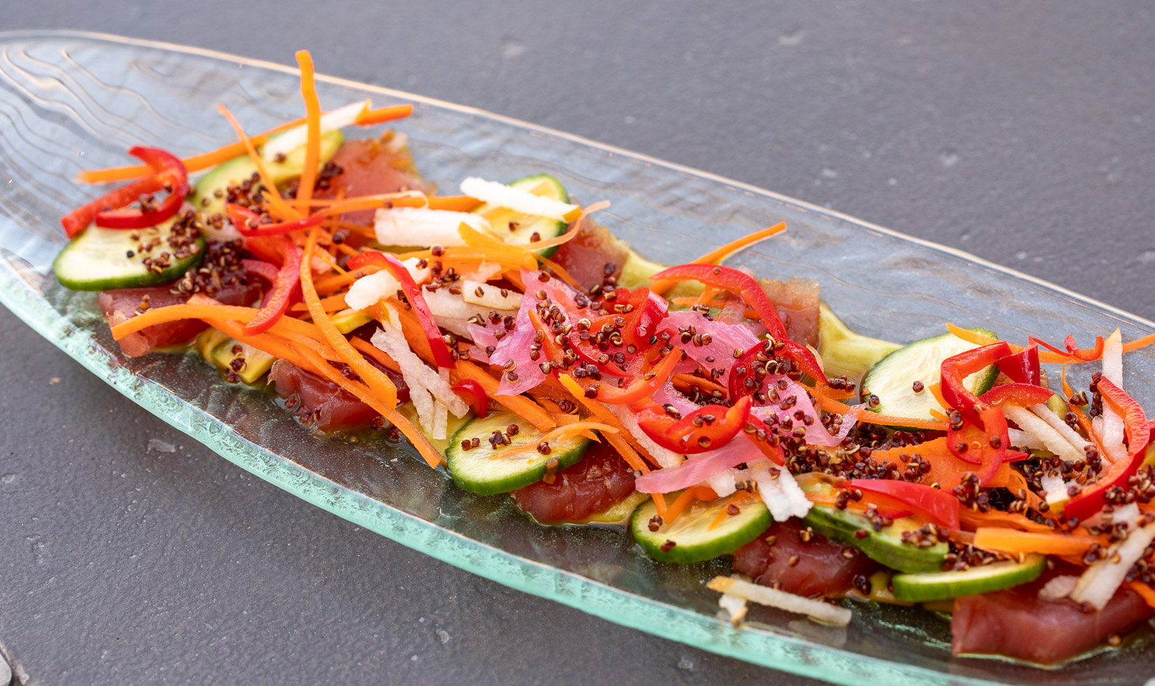 Yellowfin Tuna Crudo appetizer at The Rooftop at Harmon Guest House in Healdsburg