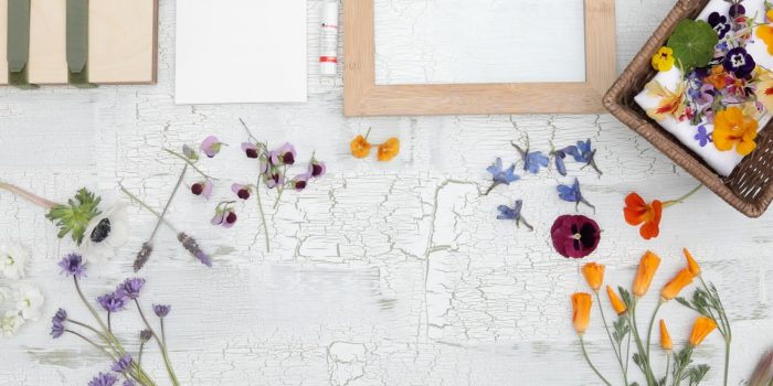 an assortment of wildflowers from Jordan Winery property on table with some pressing tools