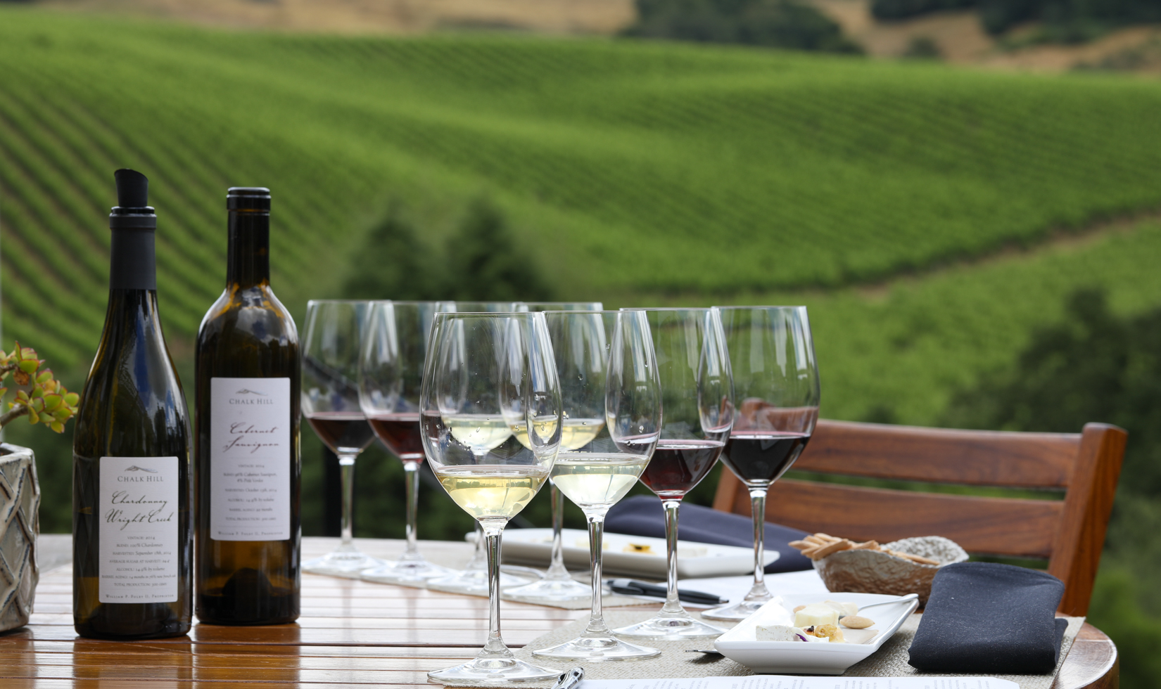 outdoor table setting for cheese and wine tasting at Chalk Hill Estate Alexander Valley