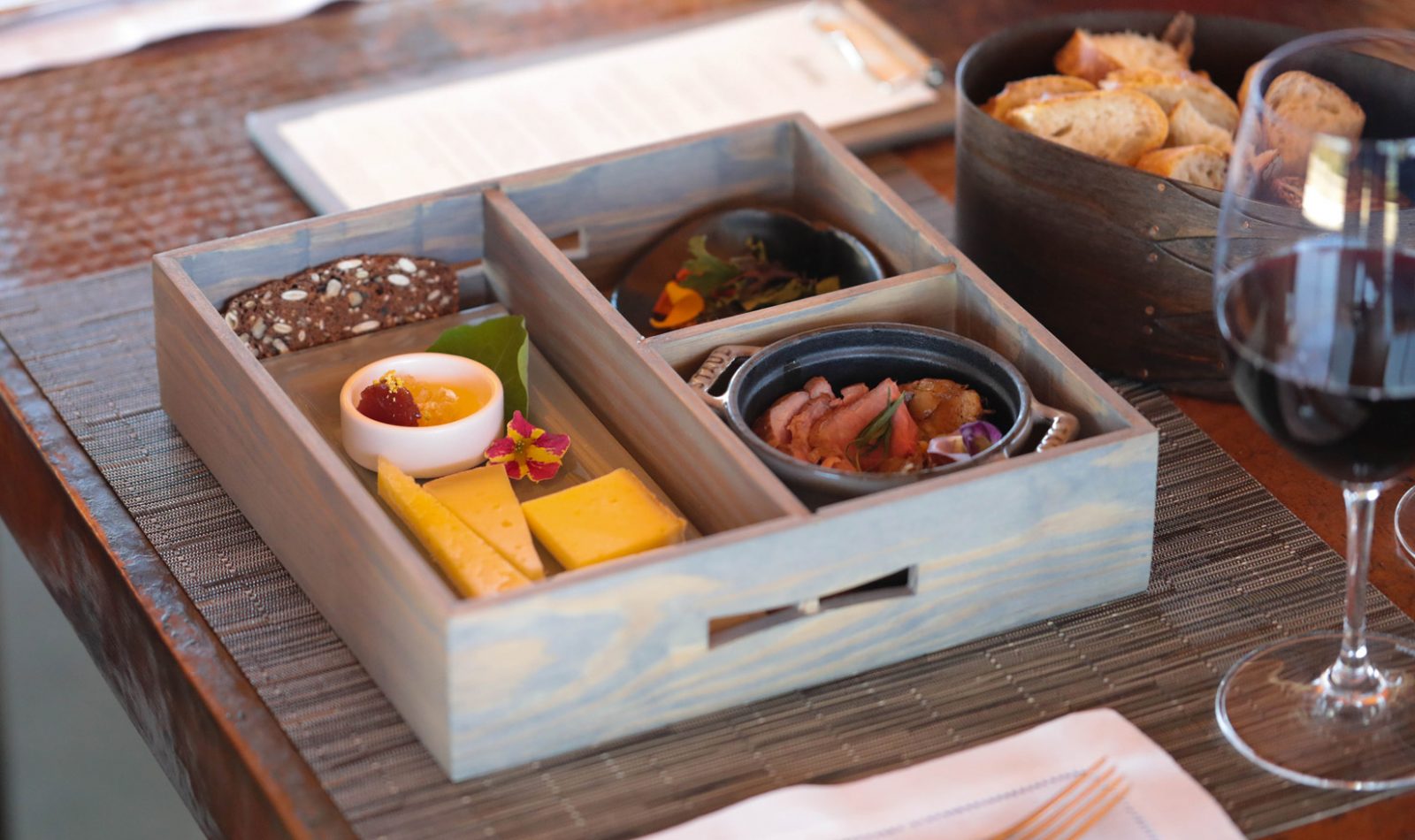 wine and cheese tasting bento box at Jordan Winery