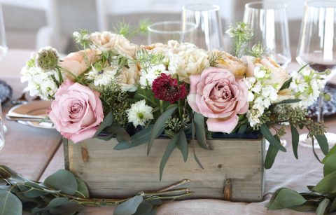 Floral arrangement idea, rustic summer centerpiece with roses, scabiosa, white stock