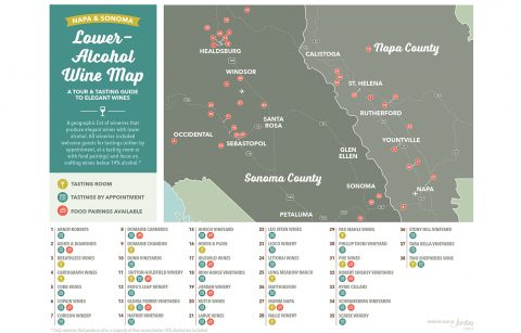 Lower-Alcohol wine Map of Sonoma and Napa Wineries by Jordan Vineyard & Winery