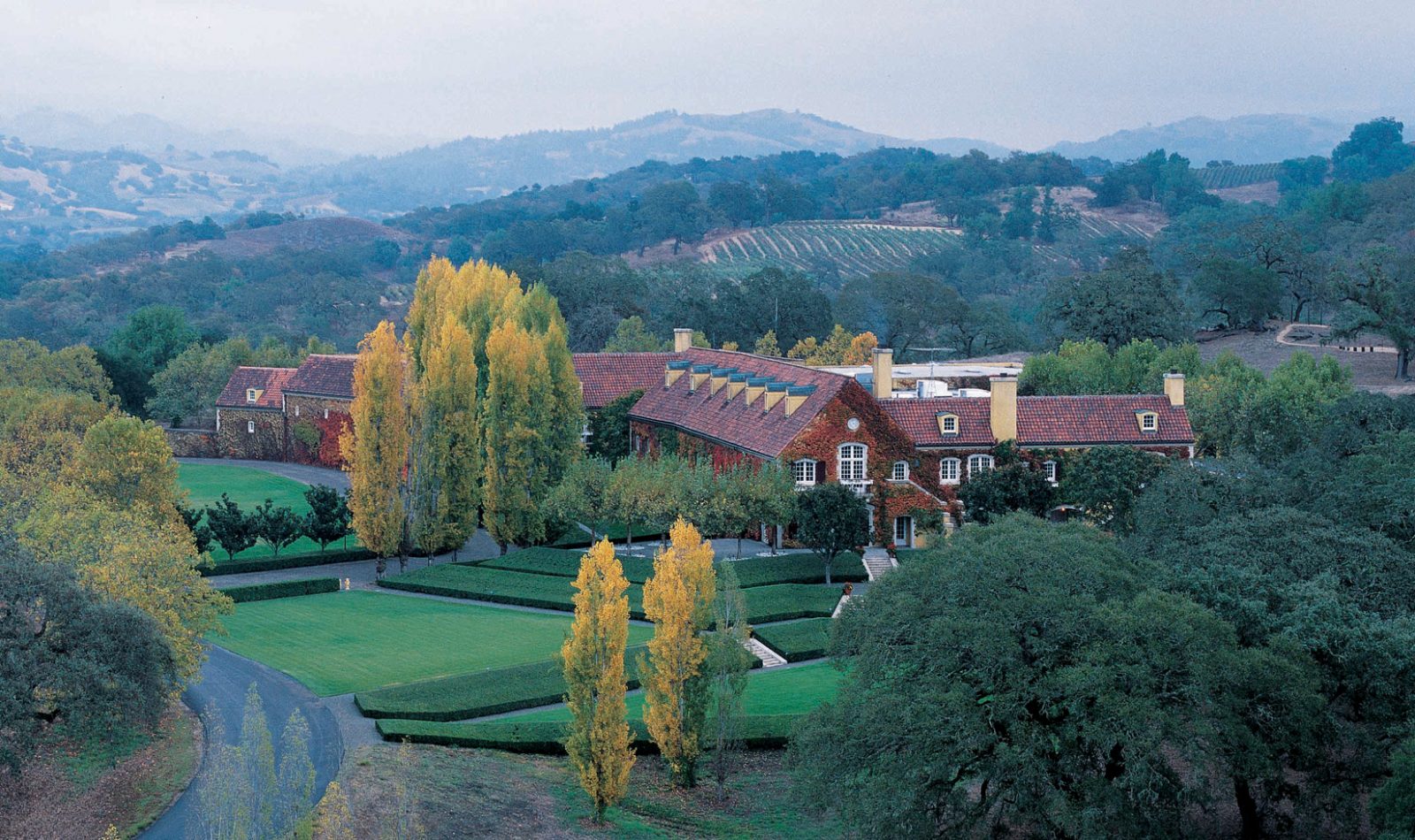 aerial photo of Jordan Winery Chateau with fall colors