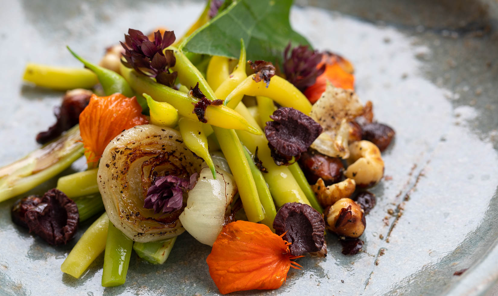 Cabernet Salad Pairings, Yellow Wax Bean Salad with Grilled Onions on Gray Plate