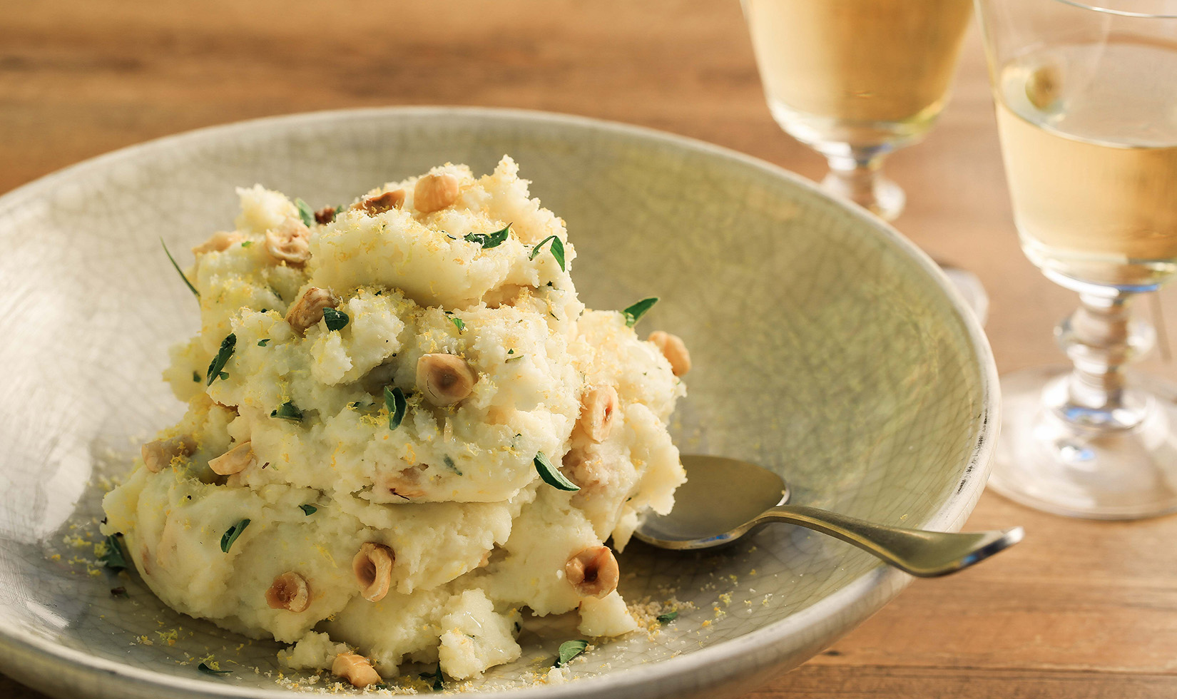 Jordan Winery Meyer Lemon Zest and Hazelnut Mashed Potato in a bowl