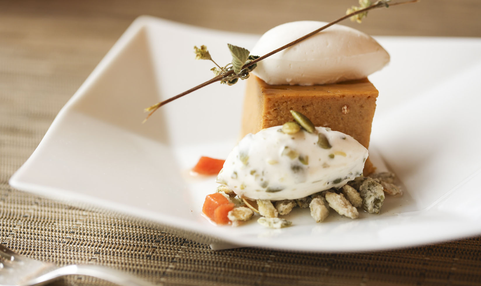 Pumpkin Pie with Fresh Whipped Cream and Pumpkin Seed Mousse Recipe for a Non-Traditional Thanksgiving Menu