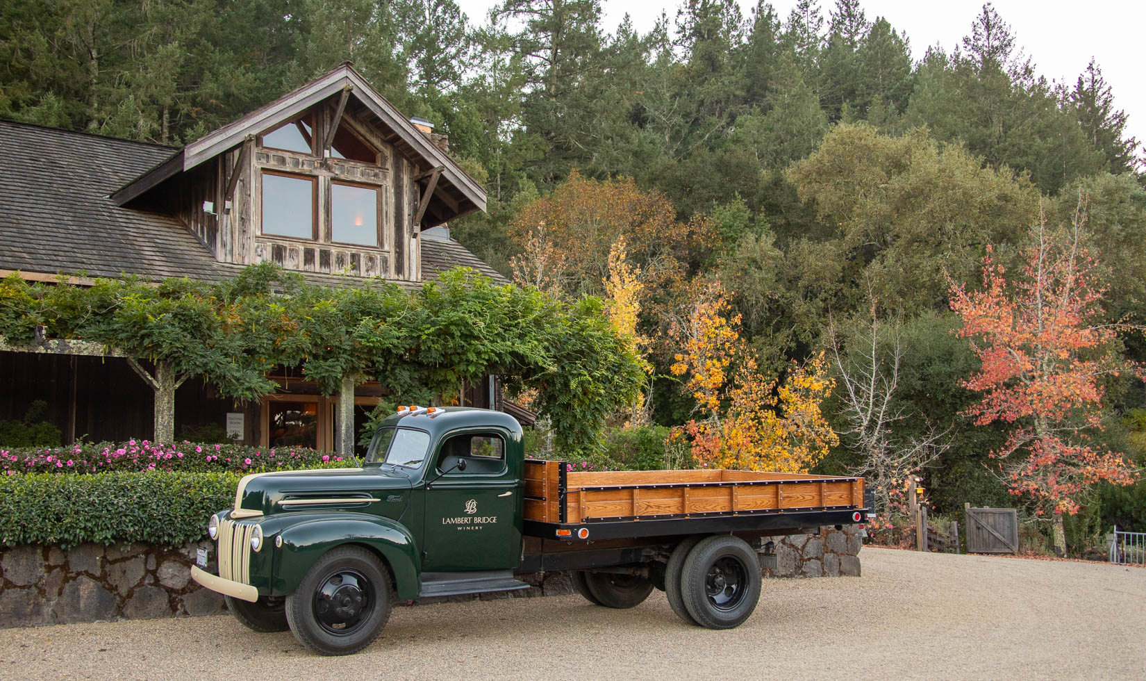 Lambert Bridge Winery entrance with fall colors Healdsburg