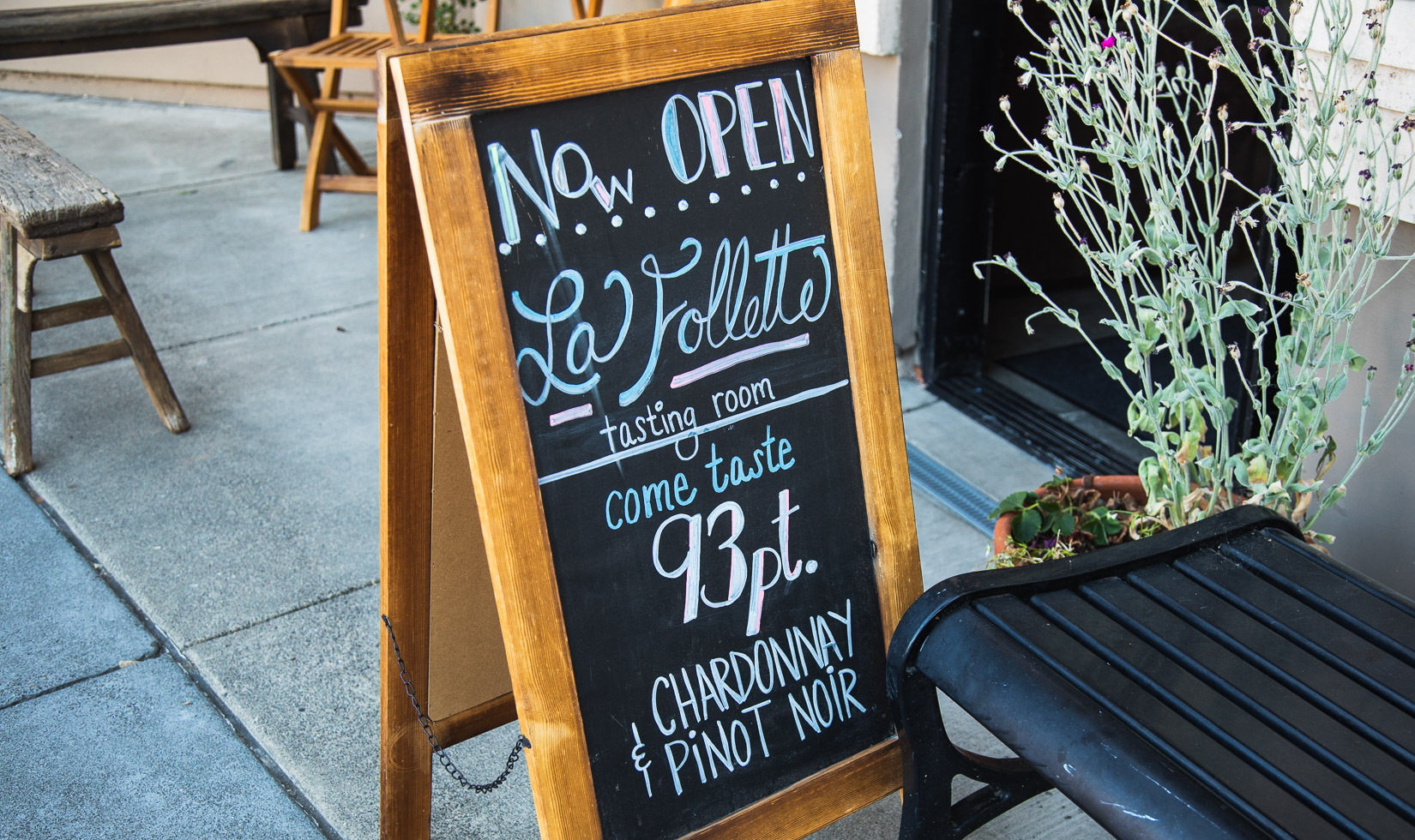 A-frame sign outside of the new La Follette tasting room in downtown Healdsburg