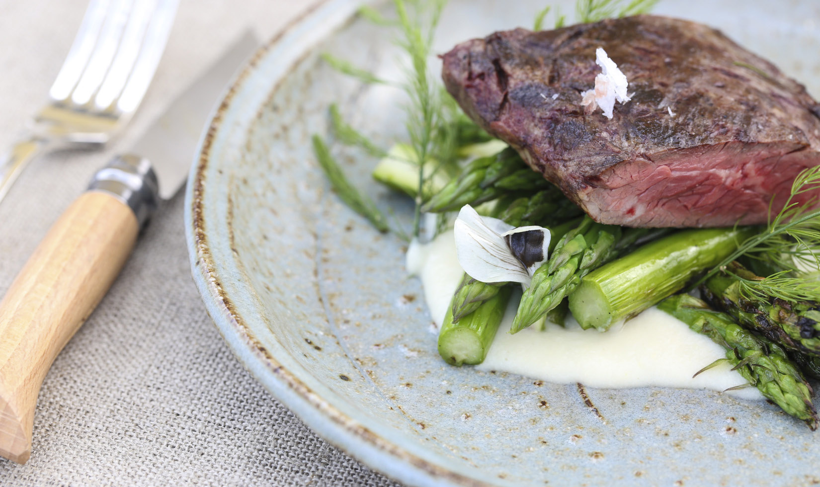 Jordan Winery Hangar Steak with Asparagus Salad on plate