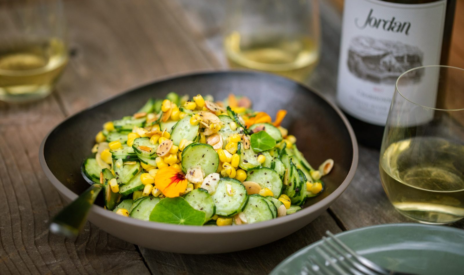 Jordan Winery Japanese cucumber corn salad with Chardonnay wine pairing