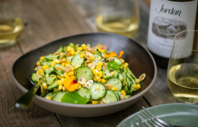 Jordan Winery Japanese cucumber corn salad with Chardonnay wine pairing