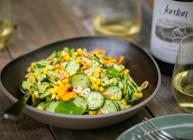 Jordan Winery Japanese cucumber corn salad with Chardonnay wine pairing