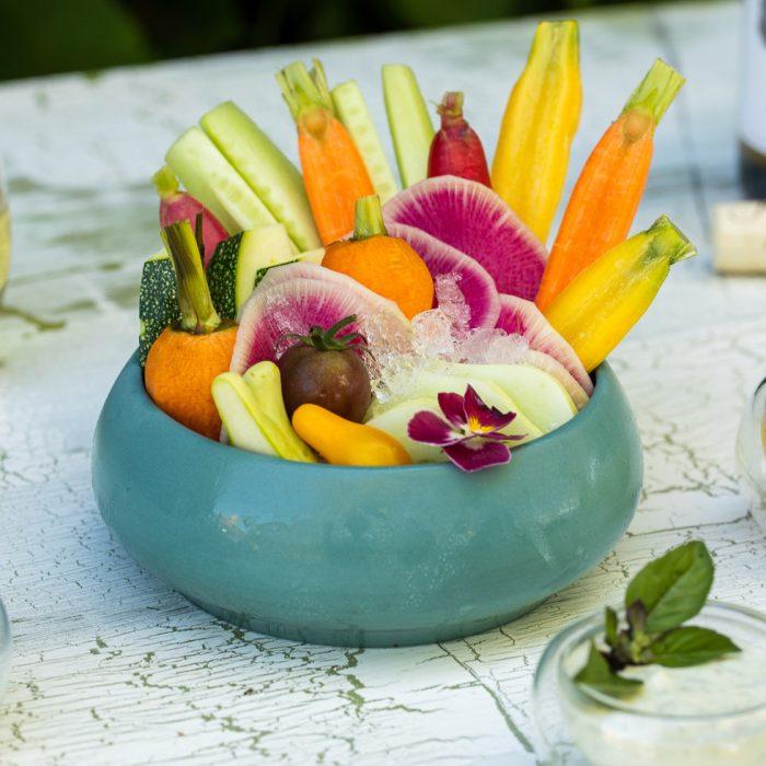 Edible Vegetable Centerpiece with Green Goddess Dip, Hummus and Baba Ganoush