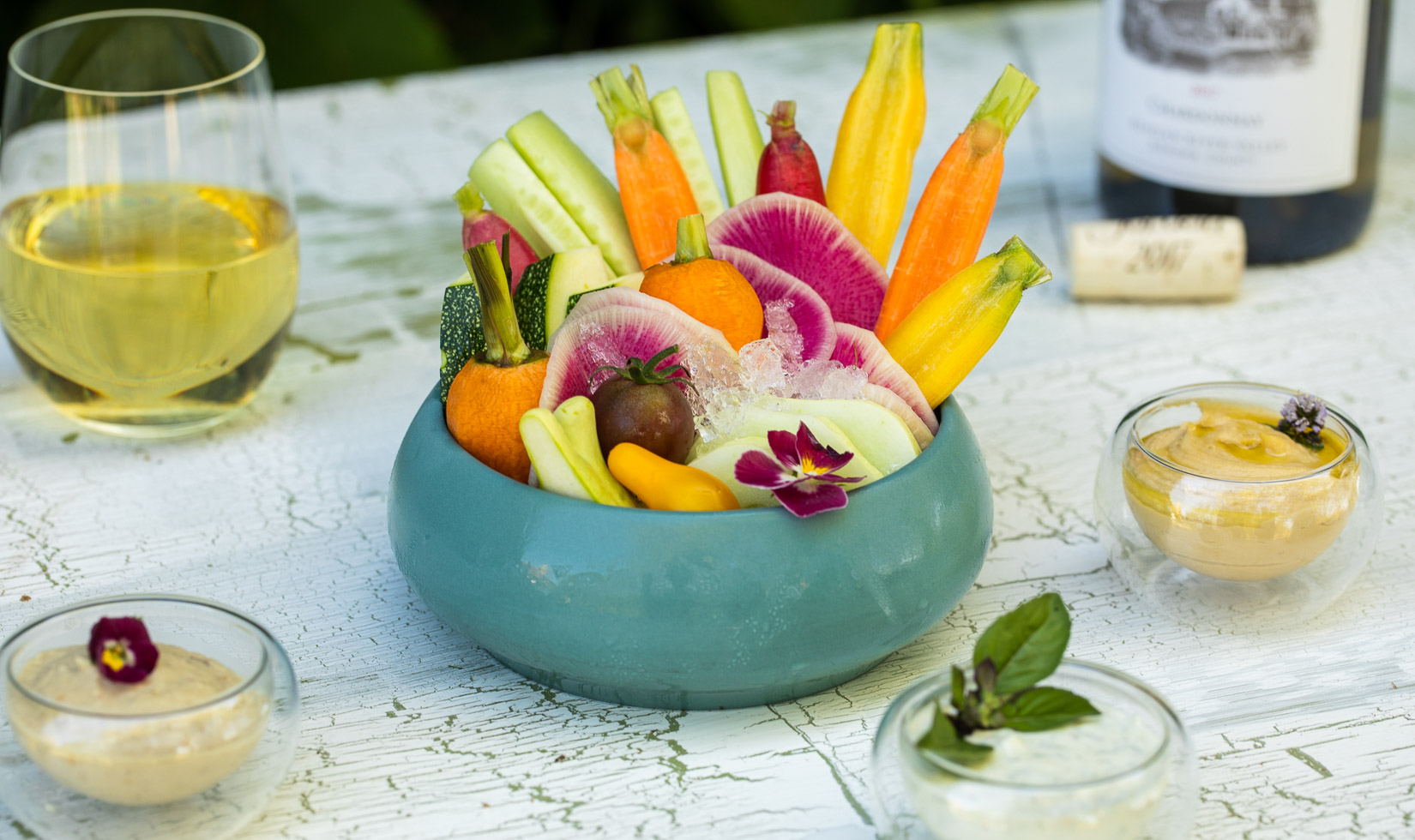 Edible Vegetable Centerpiece with Green Goddess Dip, Hummus and Baba Ganoush