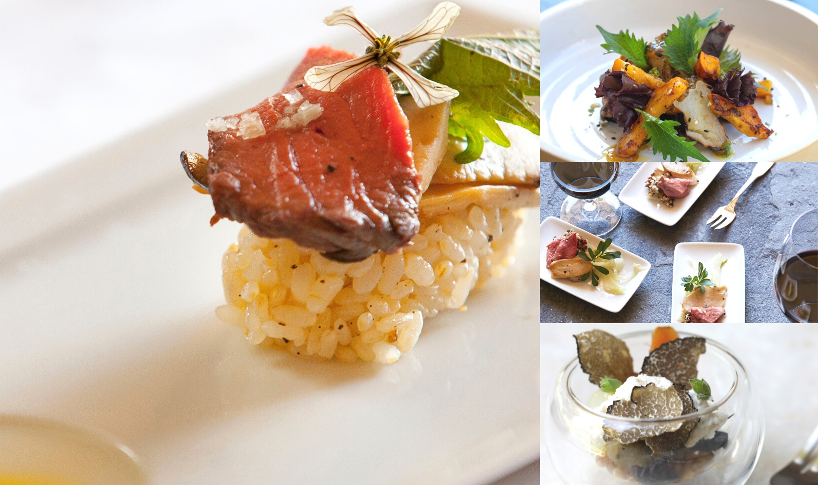 Photo collage of Jordan Winery appetizers on small plates with a close up of beef on sushi rice