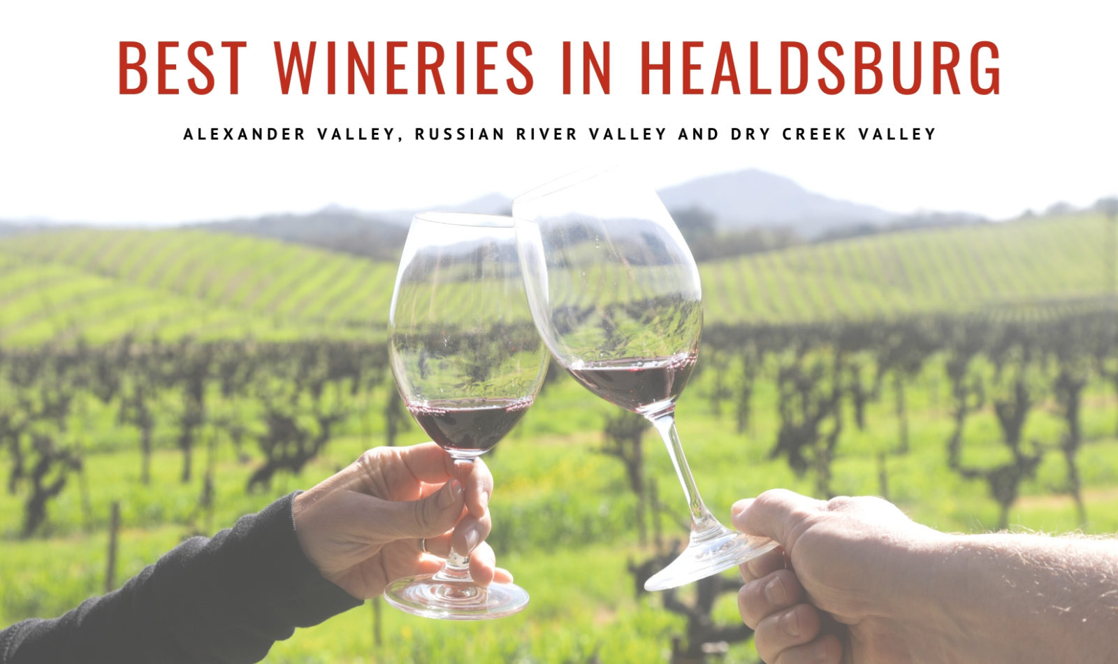 two wine glasses with vineyards in the background with image text "best wineries in Healdsburg"