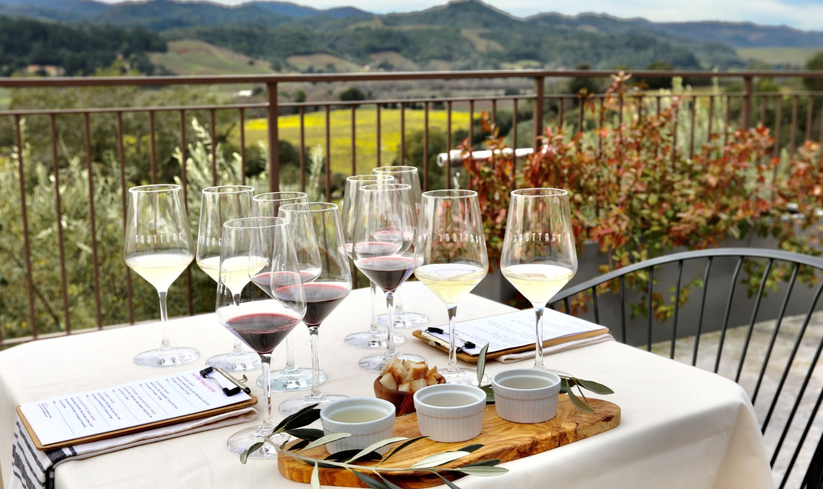 Outdoor Wine Tastings view from terrace at trattore farms with table set for wine tasting in foreground