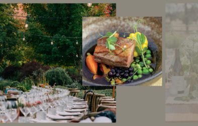 duck and spring peas dinner plate with outdoor dinner table in the background