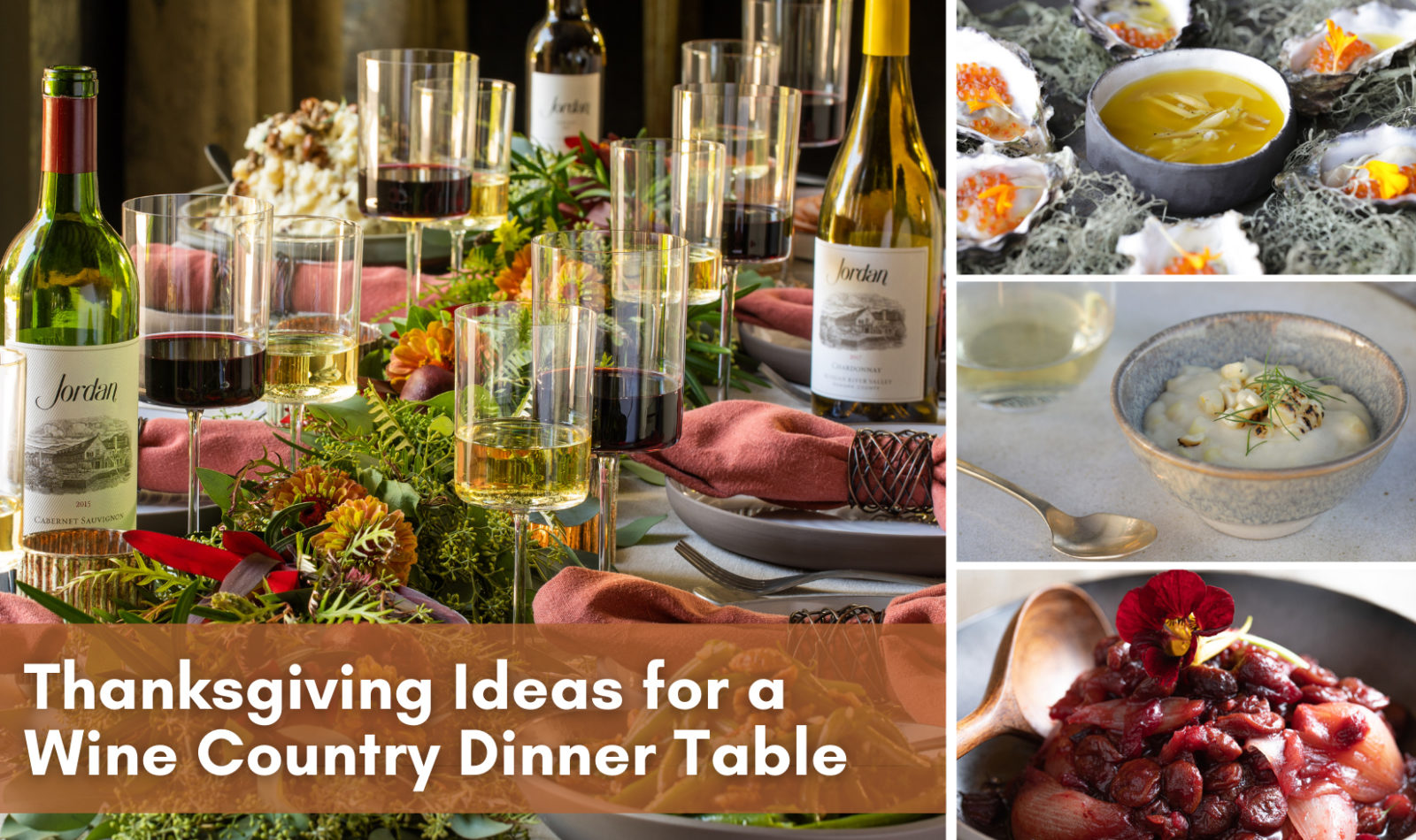 collage of thanksgiving dinner table with oysters stuffing and pumpkin dessert