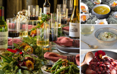 collage of thanksgiving dinner table with oysters stuffing and pumpkin dessert