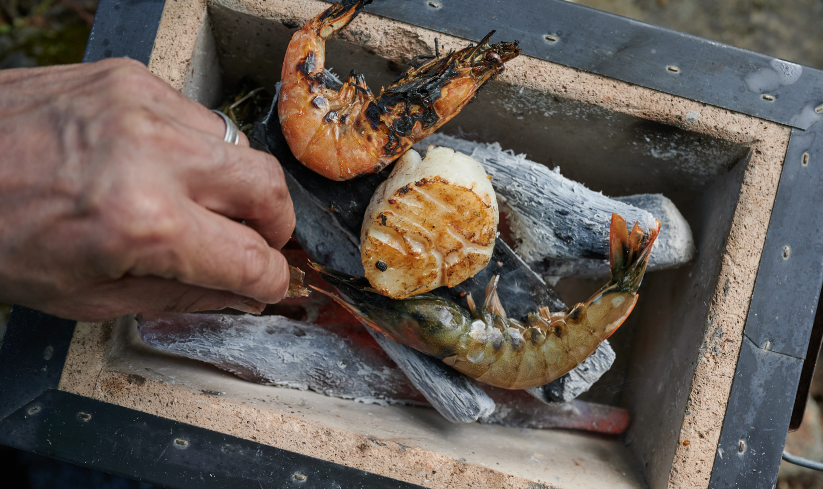 Best Fuels for BBQ and Grilling a hand putting the shrimp and fish fillet in the fire wood for barbecue as featured in wine country table