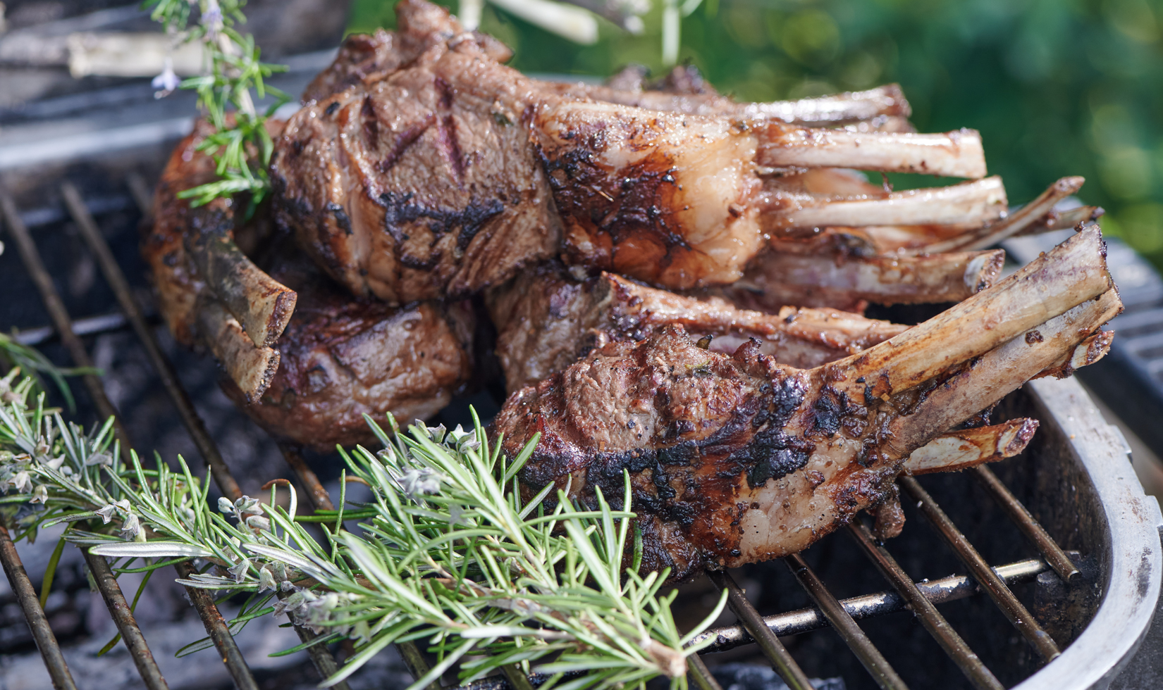 Food Pairing with Cabernet Sauvignon lamb chops placed on grill with rosemary