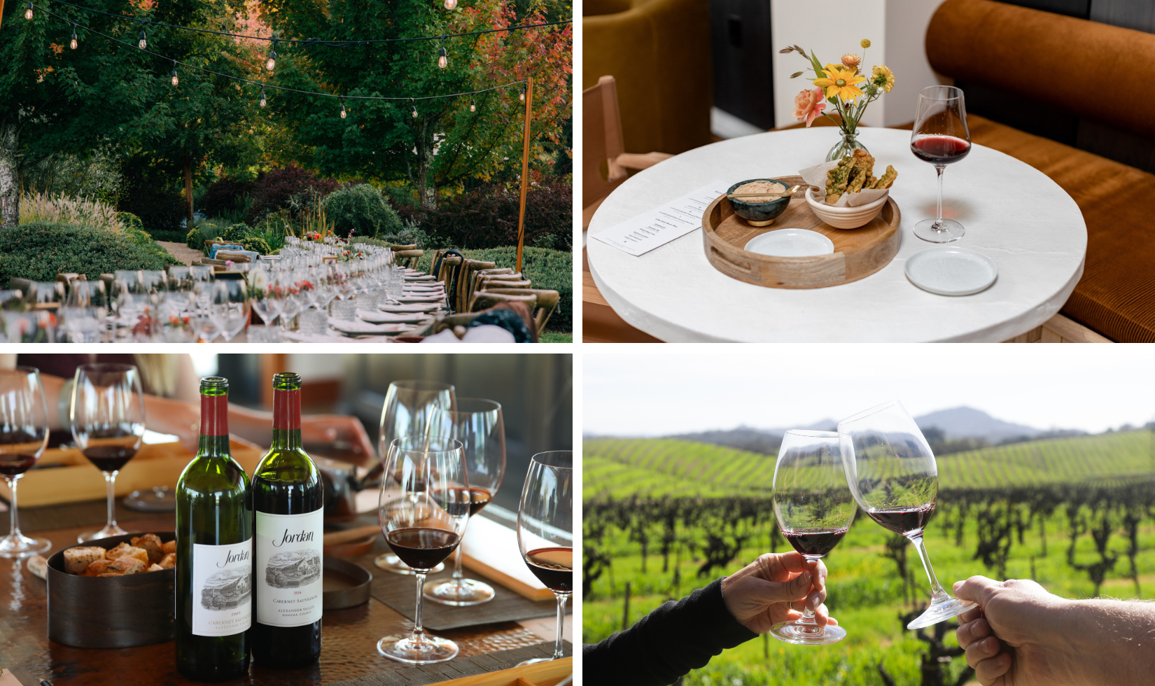 photo collage of outdoor dinner tables and wine glasses and wine bottles