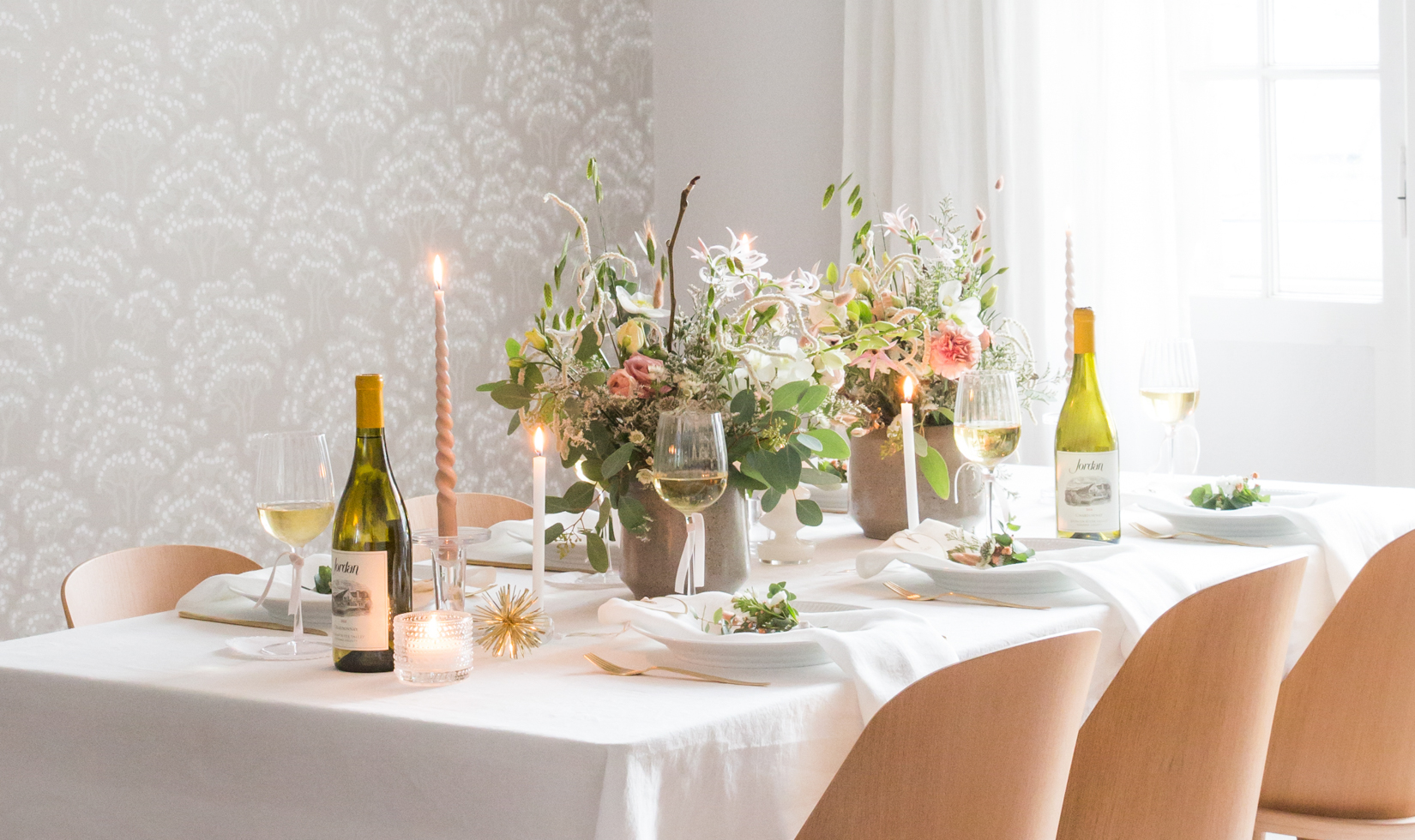 Intimate and Elegant Birthday Party Ideas table decoration for birthdays with wine, plates, flower centerpiece