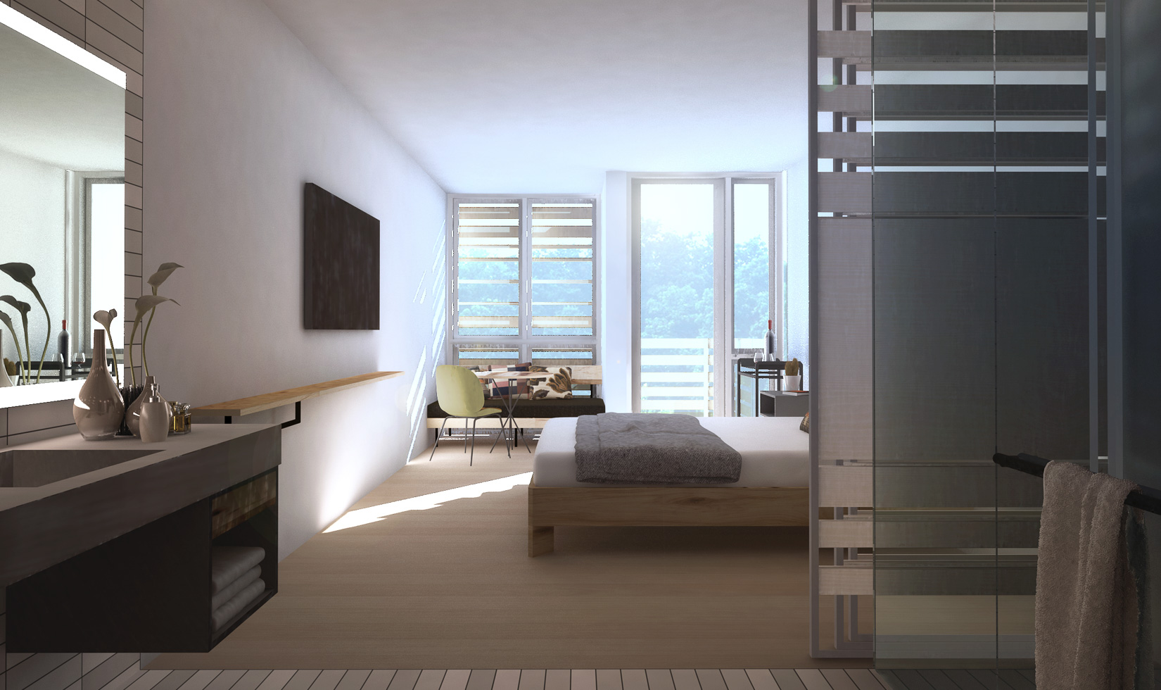 Minimalist bedroom with natural light and modern decor.