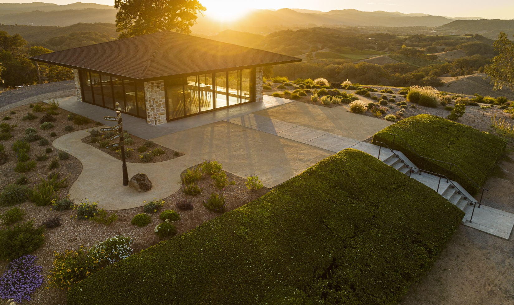Modern glass building on hilltop overlooking vineyards