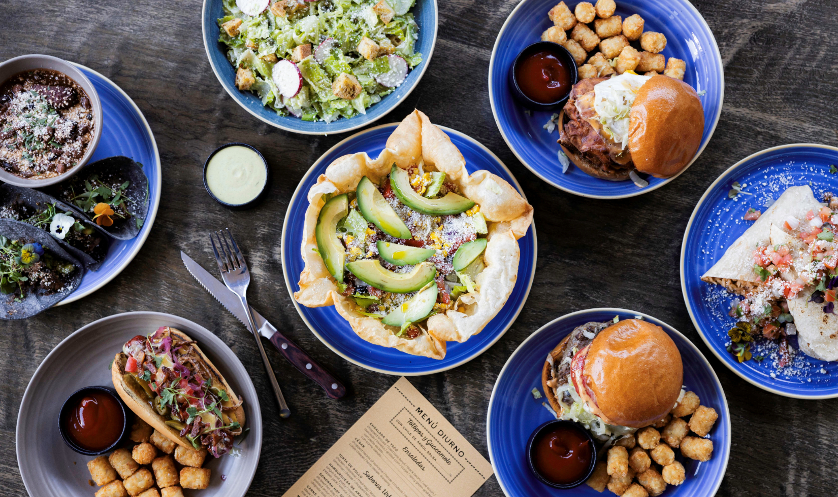 overhead shot of a variety of Mexican lunch dishes