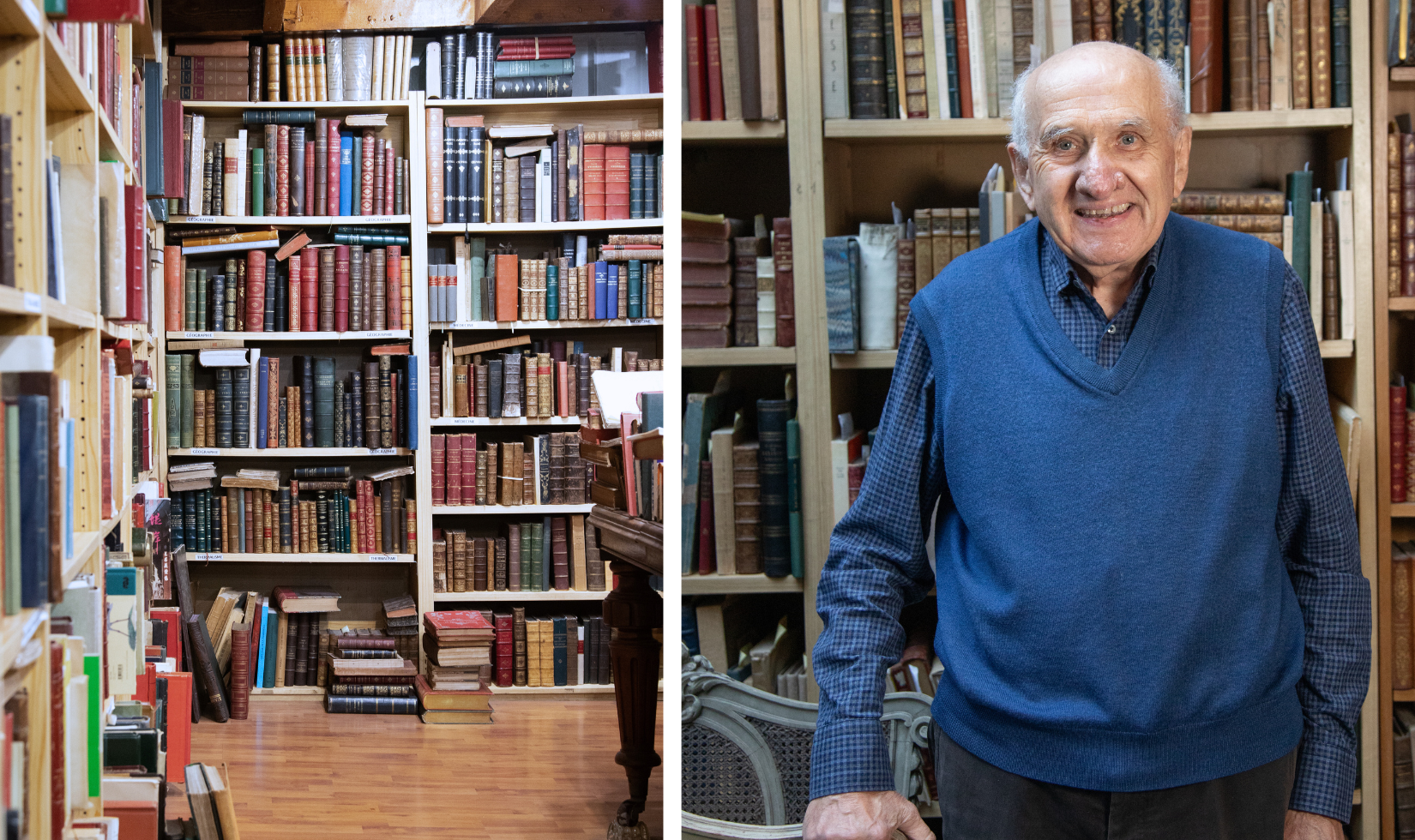 collage of two photos. one the left, bookshelves full of vintage books and on the right, an older man wearing a blue sweater in front of a bookcase