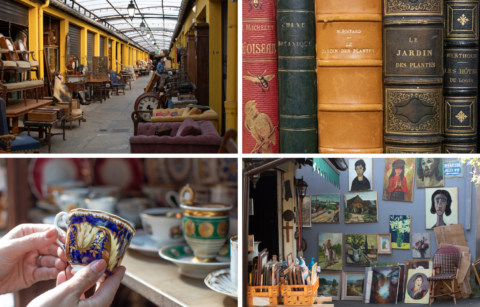 collage of four photos featuring antiques, flea markets, a vintage tea cup and old books on a shelf.