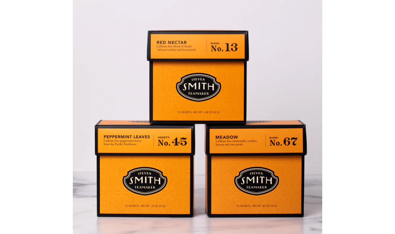 Steven Smith Teamaker tea boxes in Red Nectar, Peppermint Leaves, and Meadow blends.