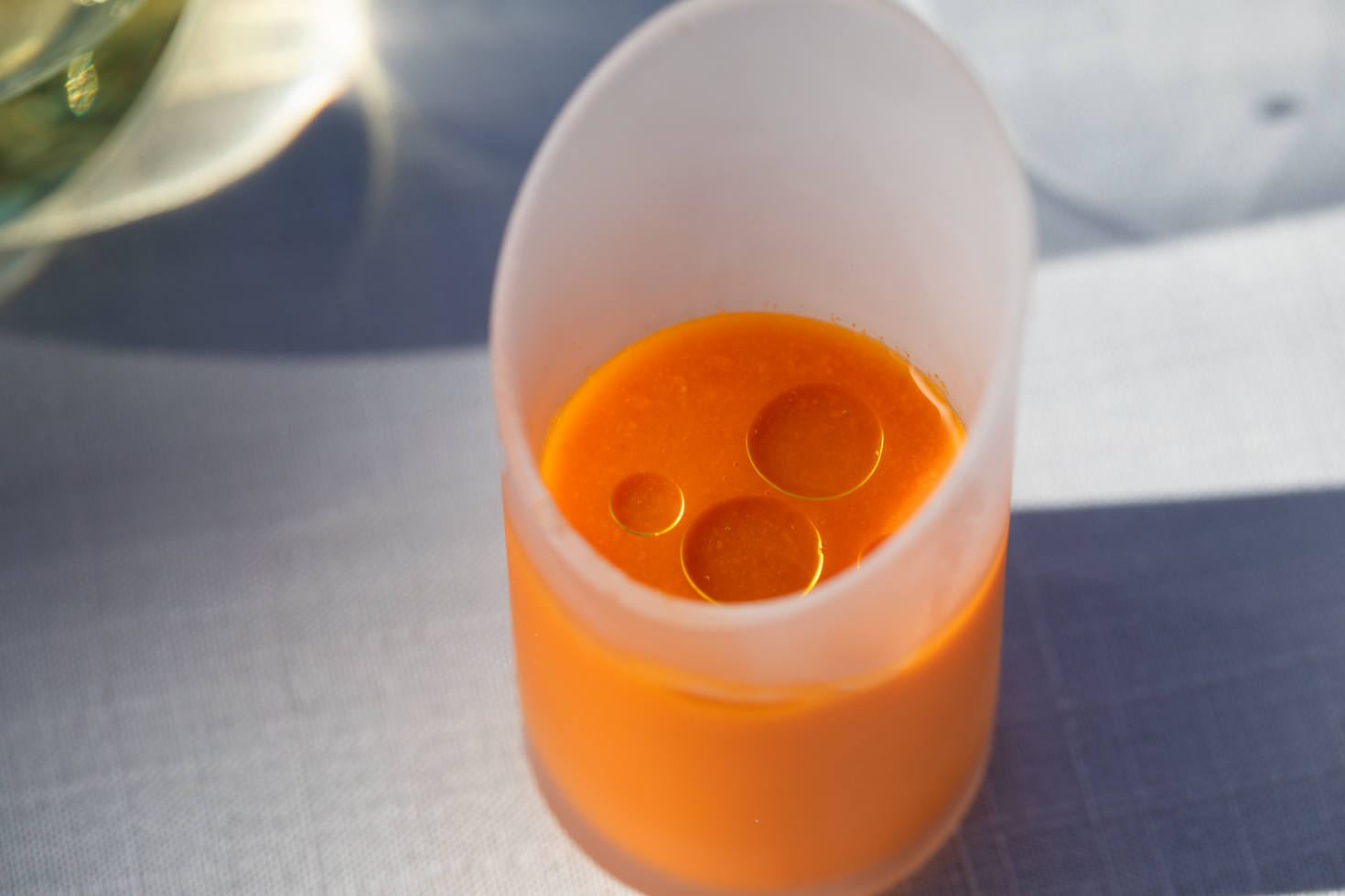 tomato soup in shooter glass