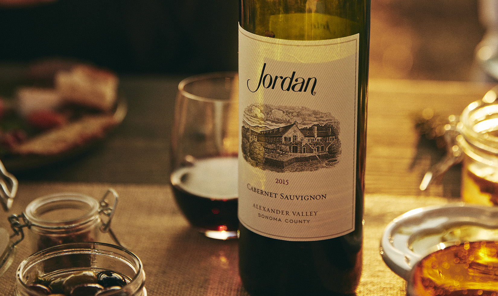 close-up of bottle of cabernet at sunset